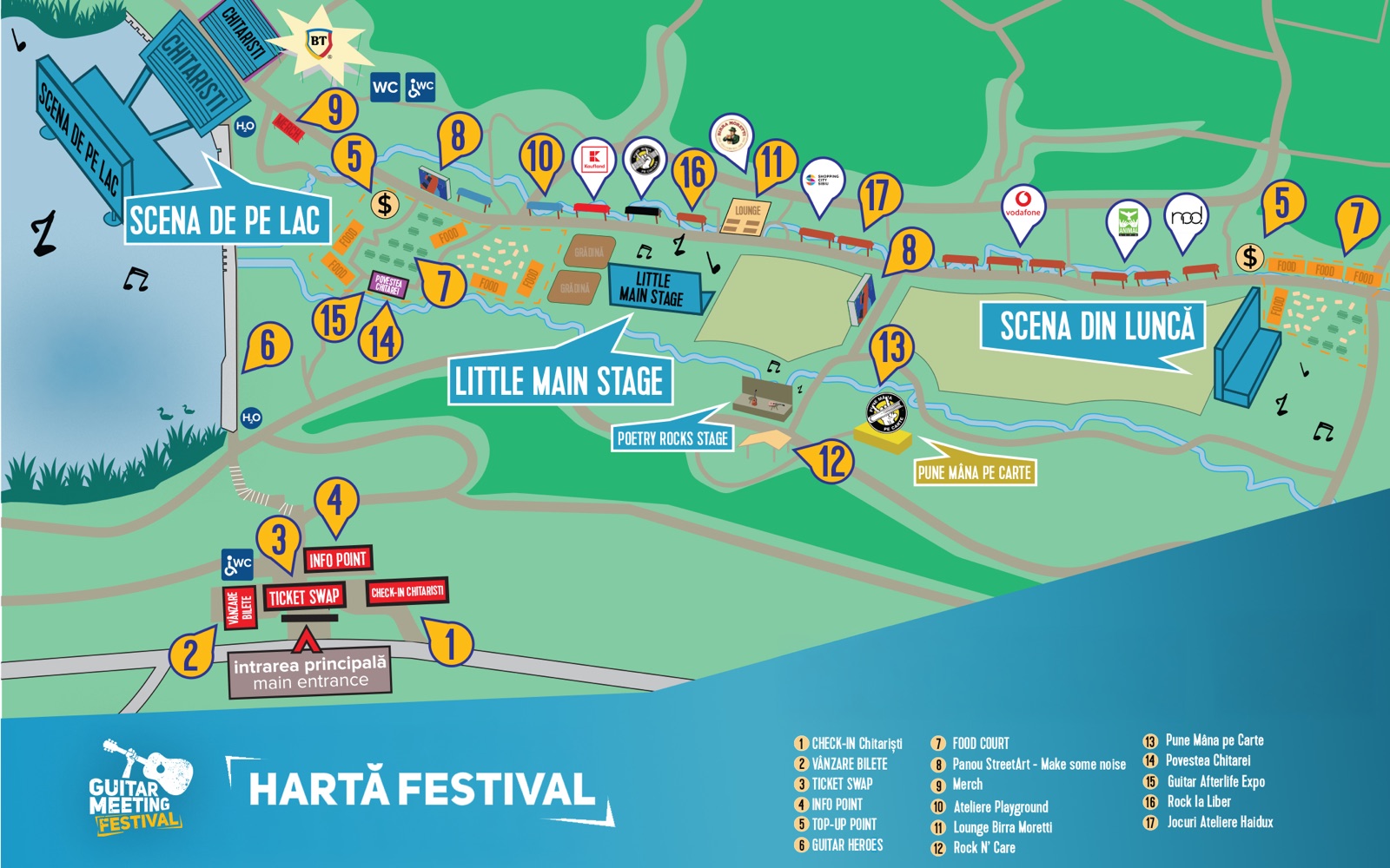 Harta Guitar Meeting Festival 2026, cu scenele, zonele de food, punctele de acces și cele 17 puncte de interes numerotate